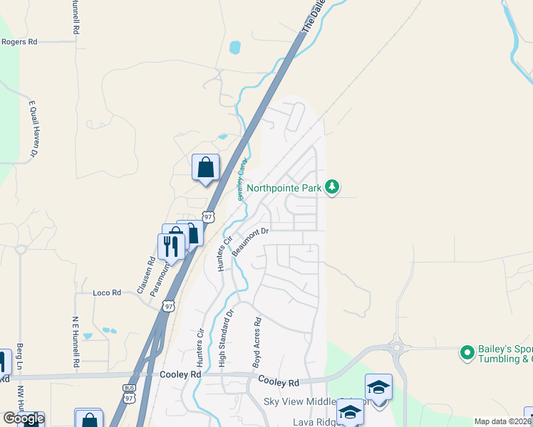 map of restaurants, bars, coffee shops, grocery stores, and more near 63802 Stanley Way in Bend