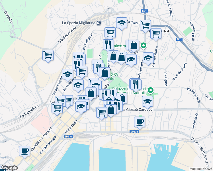 map of restaurants, bars, coffee shops, grocery stores, and more near 497 Viale Italia in La Spezia