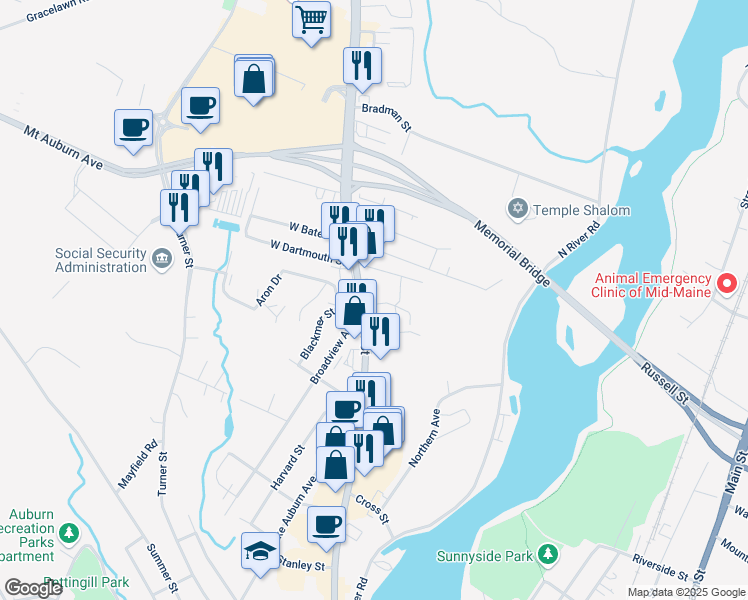 map of restaurants, bars, coffee shops, grocery stores, and more near 405 Center Street in Auburn
