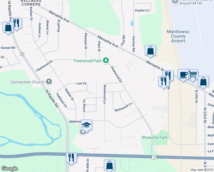 map of restaurants, bars, coffee shops, grocery stores, and more near 3731 Westwood Lane in Manitowoc