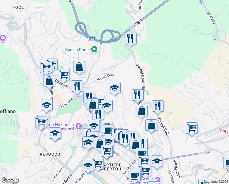 map of restaurants, bars, coffee shops, grocery stores, and more near Via Pietro Mascagni in La Spezia
