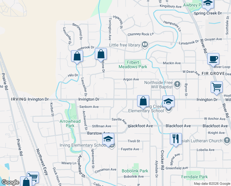 map of restaurants, bars, coffee shops, grocery stores, and more near 3653 Willowbrook Street in Eugene