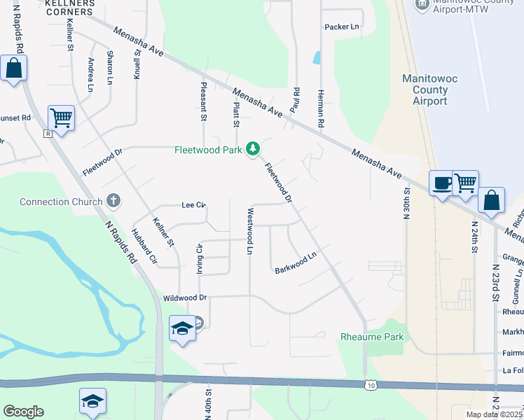 map of restaurants, bars, coffee shops, grocery stores, and more near 3731 Westwood Lane in Manitowoc