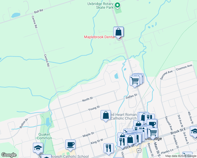 map of restaurants, bars, coffee shops, grocery stores, and more near 46 Apple Tree Crescent in Uxbridge