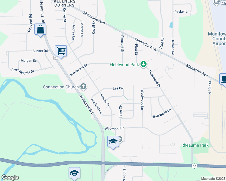 map of restaurants, bars, coffee shops, grocery stores, and more near 1434 Lee Circle in Manitowoc