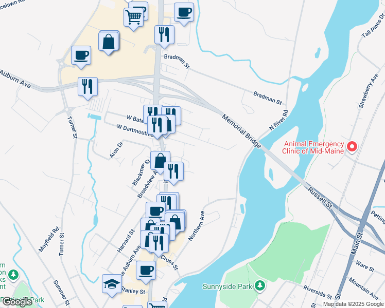 map of restaurants, bars, coffee shops, grocery stores, and more near 47 East Dartmouth Street in Auburn