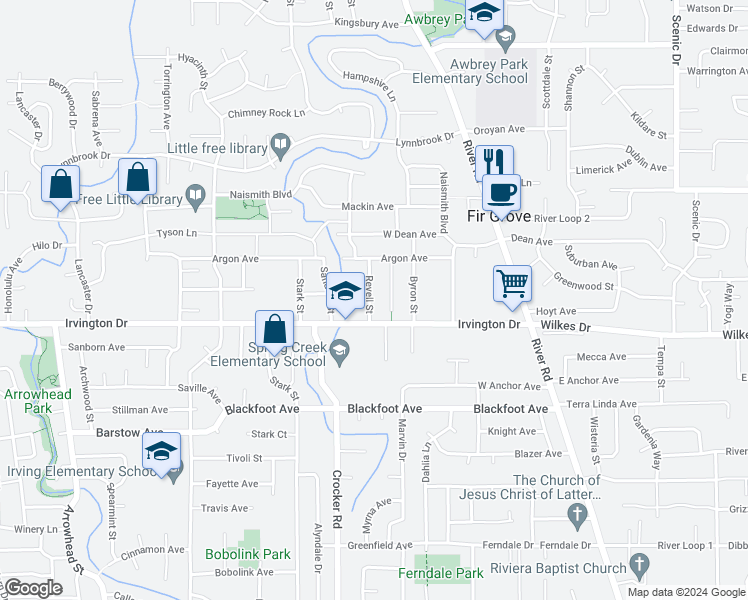 map of restaurants, bars, coffee shops, grocery stores, and more near 3639 Revell Street in Eugene