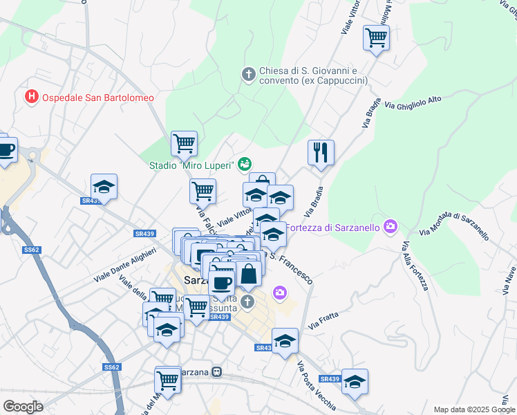 map of restaurants, bars, coffee shops, grocery stores, and more near 40 Viale Vittorio Alfieri in Sarzana