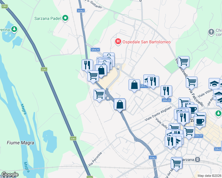 map of restaurants, bars, coffee shops, grocery stores, and more near 40 Via Variante Cisa in Sarzana