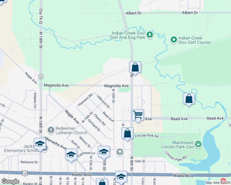 map of restaurants, bars, coffee shops, grocery stores, and more near 1465 North 10th Street in Manitowoc