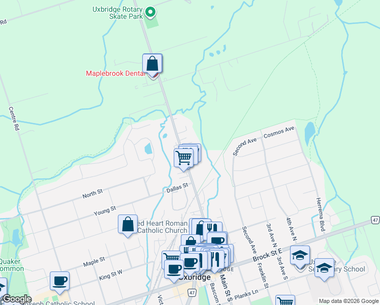map of restaurants, bars, coffee shops, grocery stores, and more near 7 John Harvey Street in Uxbridge