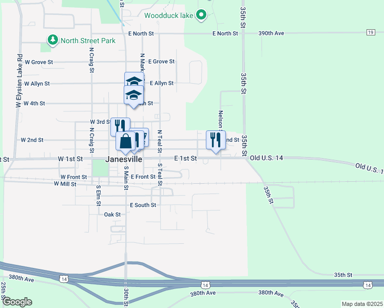 map of restaurants, bars, coffee shops, grocery stores, and more near 406 East 1st Street in Janesville
