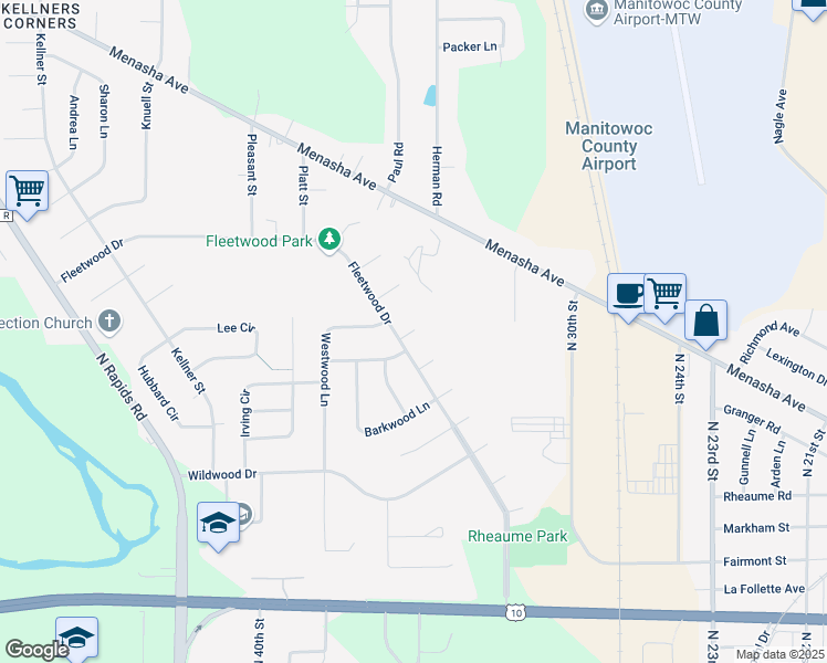 map of restaurants, bars, coffee shops, grocery stores, and more near 3410 Fleetcrest Court in Manitowoc