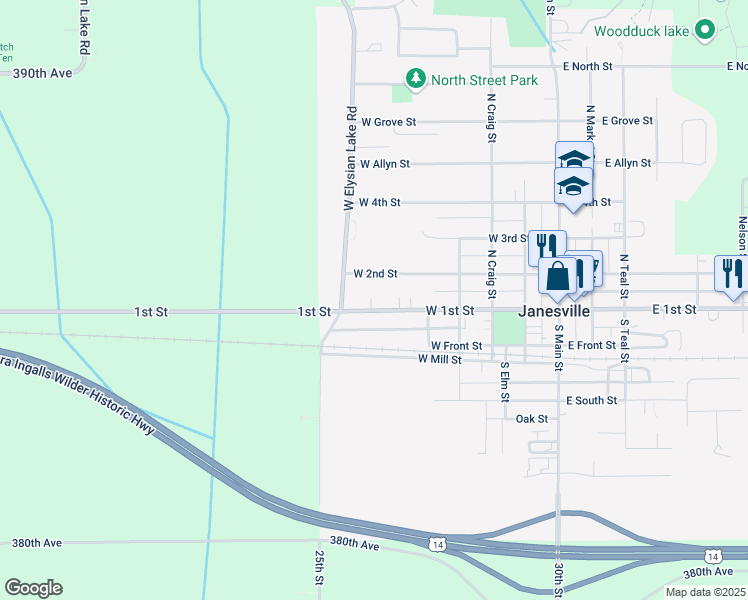 map of restaurants, bars, coffee shops, grocery stores, and more near 606 West 1st Street in Janesville
