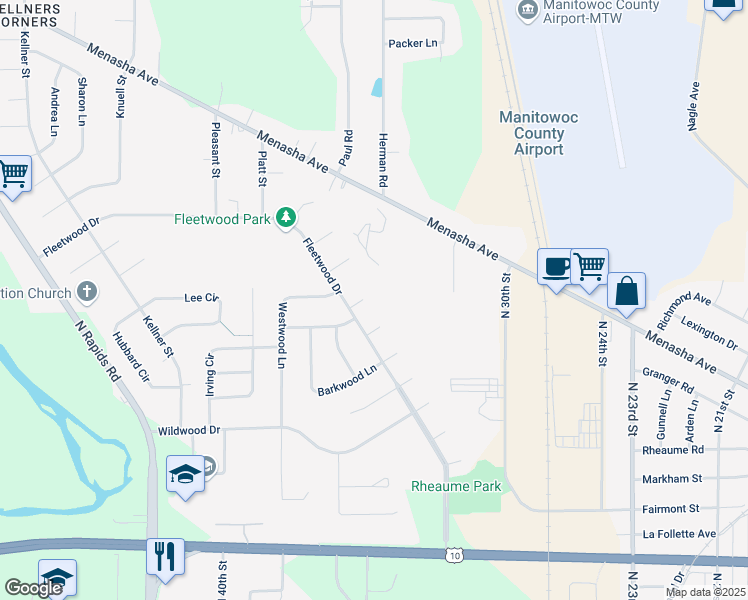 map of restaurants, bars, coffee shops, grocery stores, and more near 3410 Fleetcrest Court in Manitowoc