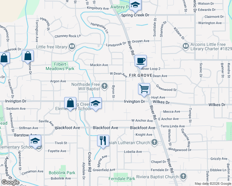 map of restaurants, bars, coffee shops, grocery stores, and more near 3641 Byron St in Eugene