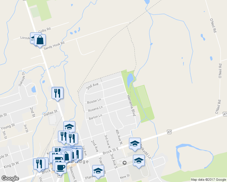 map of restaurants, bars, coffee shops, grocery stores, and more near 57 Bolster Lane in Uxbridge