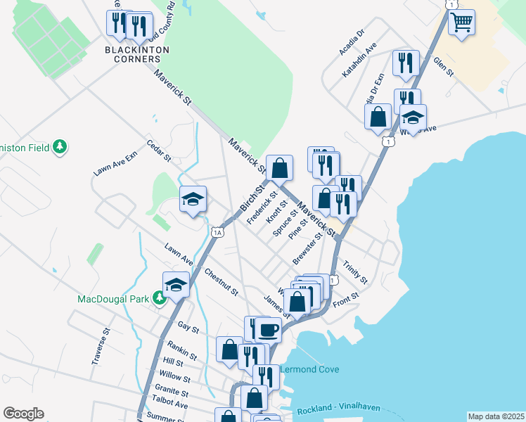 map of restaurants, bars, coffee shops, grocery stores, and more near 17 Frederick Street in Rockland