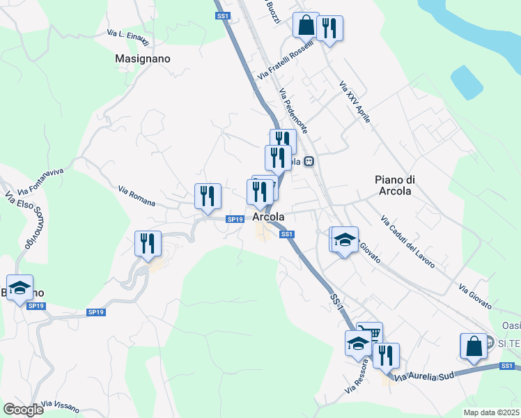 map of restaurants, bars, coffee shops, grocery stores, and more near in Arcola