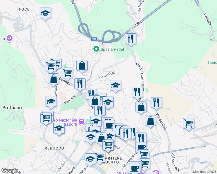 map of restaurants, bars, coffee shops, grocery stores, and more near 54 Via di Birano in La Spezia