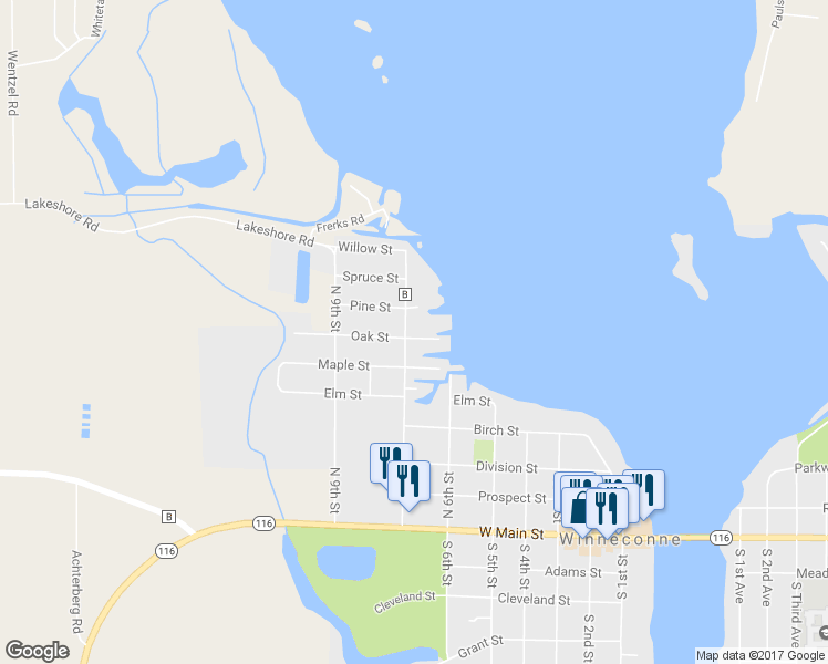 map of restaurants, bars, coffee shops, grocery stores, and more near 603 North 7th Street in Winneconne