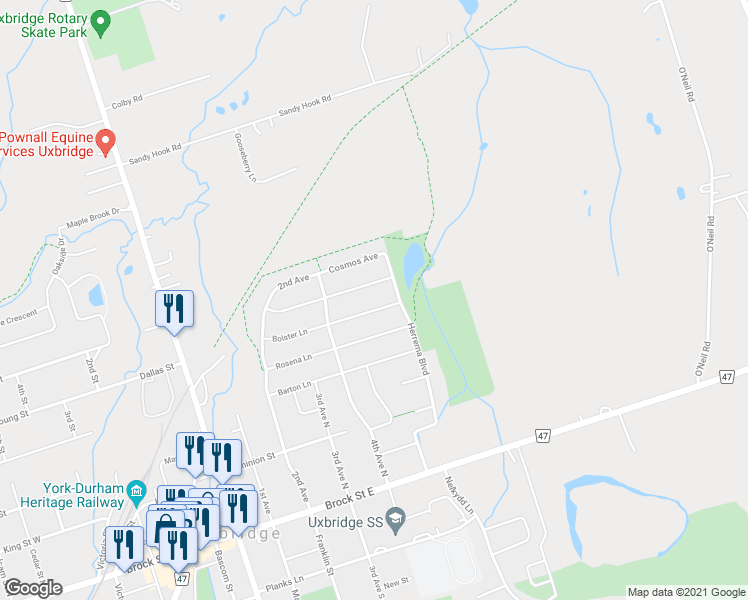 map of restaurants, bars, coffee shops, grocery stores, and more near 69 Bolster Lane in Uxbridge