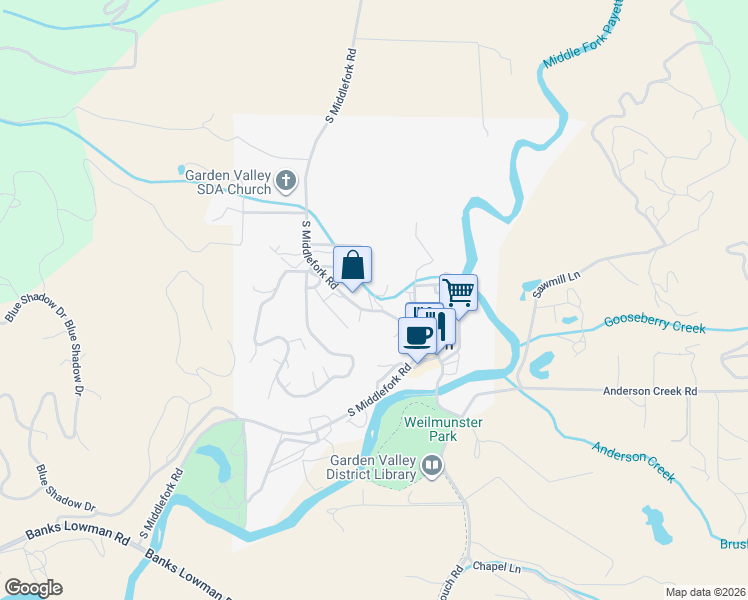 map of restaurants, bars, coffee shops, grocery stores, and more near 389 South Middlefork Road in Garden Valley