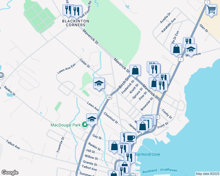 map of restaurants, bars, coffee shops, grocery stores, and more near 116 Cedar Street in Rockland