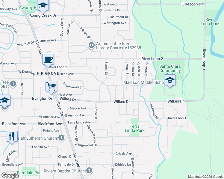 map of restaurants, bars, coffee shops, grocery stores, and more near 3669 Rivercrest Drive in Eugene