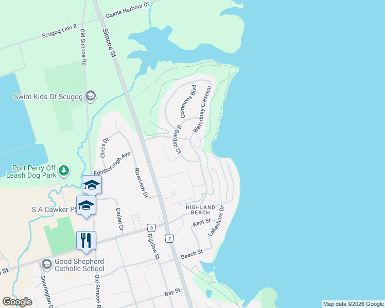 map of restaurants, bars, coffee shops, grocery stores, and more near 96 Waterbury Crescent in Port Perry