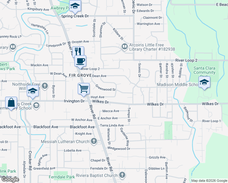 map of restaurants, bars, coffee shops, grocery stores, and more near 3606 Greenwood Street in Eugene
