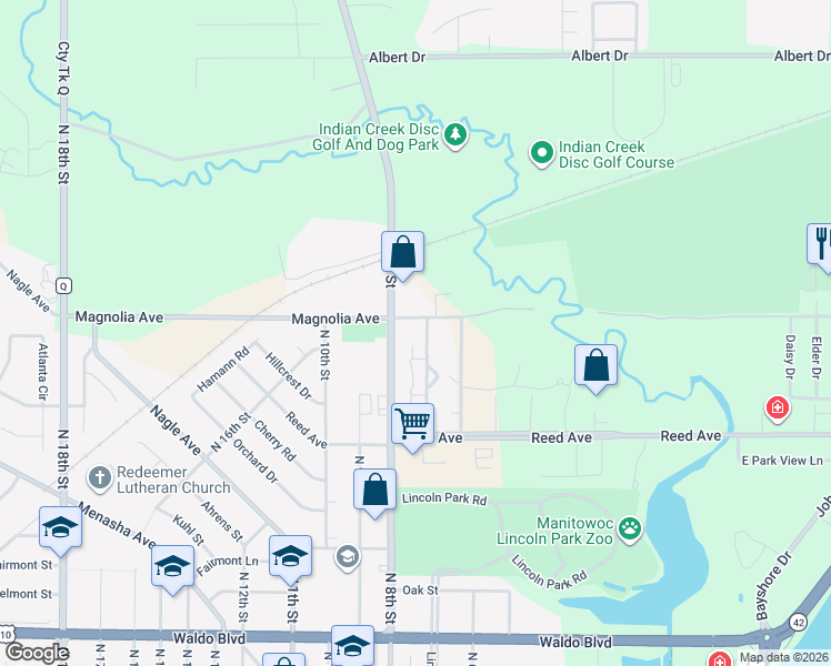 map of restaurants, bars, coffee shops, grocery stores, and more near 1480 North 7th Street in Manitowoc