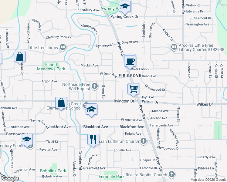 map of restaurants, bars, coffee shops, grocery stores, and more near 3641 Byron Street in Eugene