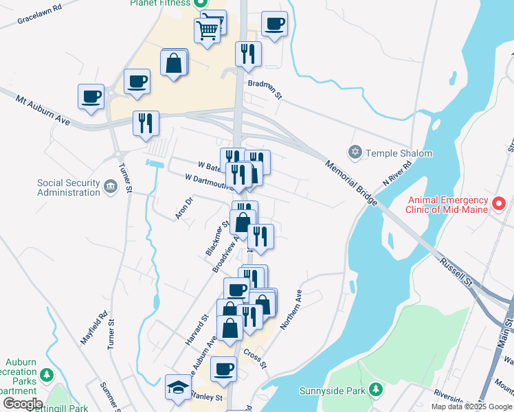 map of restaurants, bars, coffee shops, grocery stores, and more near 405 Center Street in Auburn