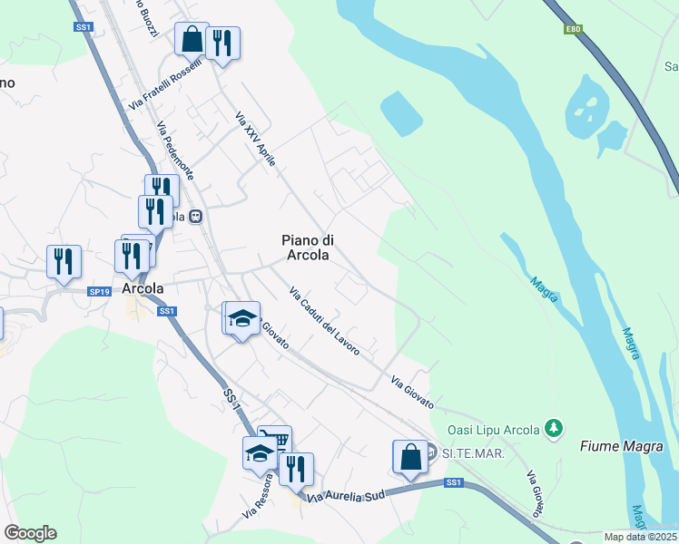 map of restaurants, bars, coffee shops, grocery stores, and more near 15 Via XXIX Novembre in Piano di Arcola
