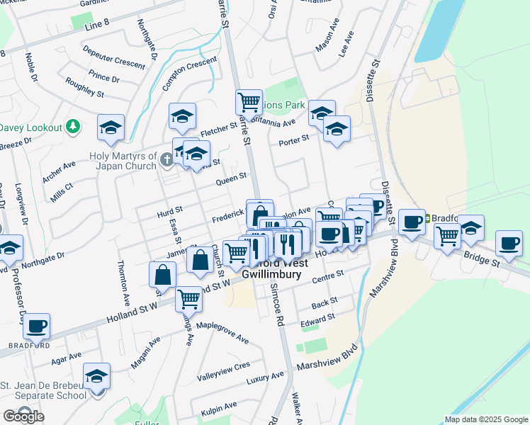 map of restaurants, bars, coffee shops, grocery stores, and more near 87 Barrie Street in Bradford West Gwillimbury
