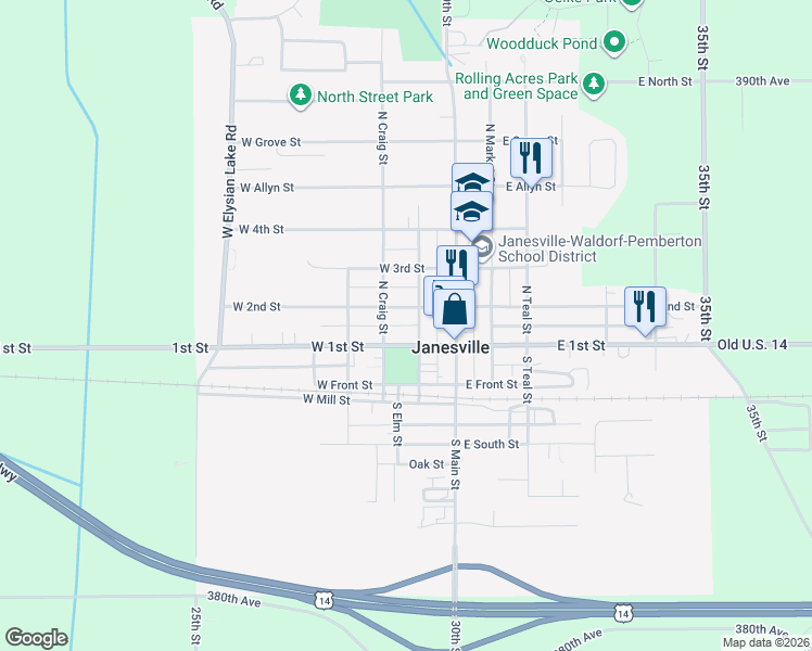 map of restaurants, bars, coffee shops, grocery stores, and more near in Janesville