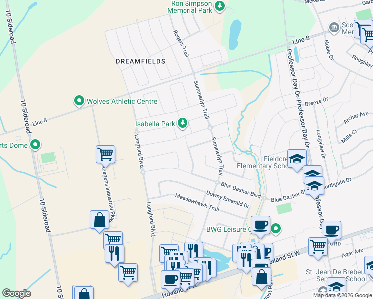 map of restaurants, bars, coffee shops, grocery stores, and more near 76 Sundragon Trail in Bradford West Gwillimbury