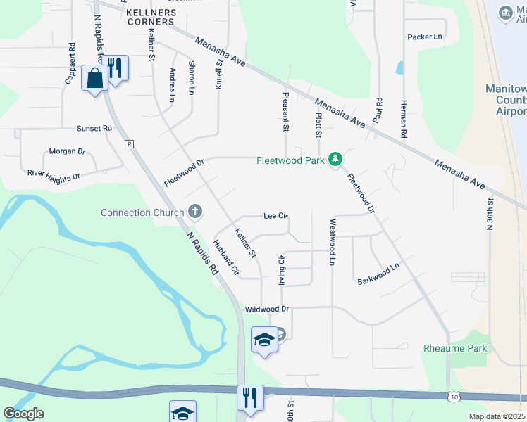 map of restaurants, bars, coffee shops, grocery stores, and more near 1434 Lee Circle in Manitowoc