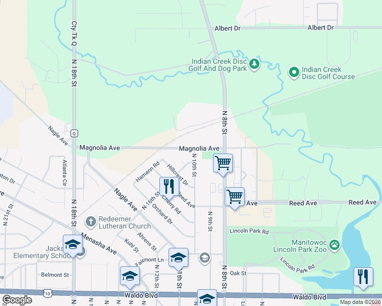 map of restaurants, bars, coffee shops, grocery stores, and more near 1465 North 10th Street in Manitowoc