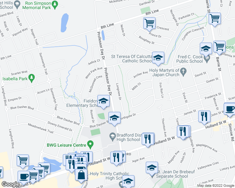 map of restaurants, bars, coffee shops, grocery stores, and more near 52 Longview Drive in Bradford West Gwillimbury