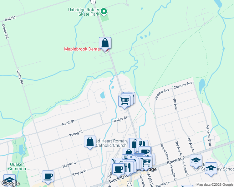 map of restaurants, bars, coffee shops, grocery stores, and more near 220 Main Street North in Uxbridge