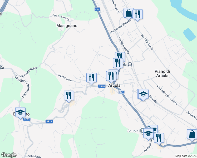 map of restaurants, bars, coffee shops, grocery stores, and more near 210 Via Luigi Valentini in Arcola