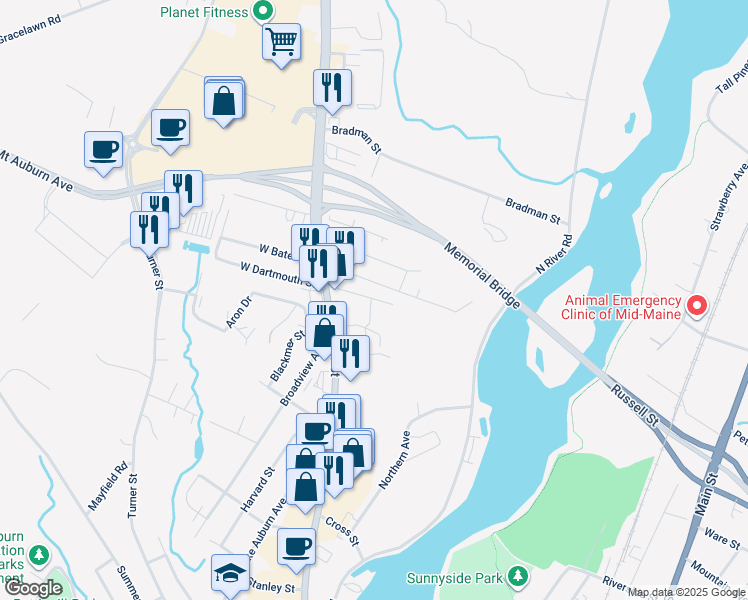 map of restaurants, bars, coffee shops, grocery stores, and more near 47 East Dartmouth Street in Auburn