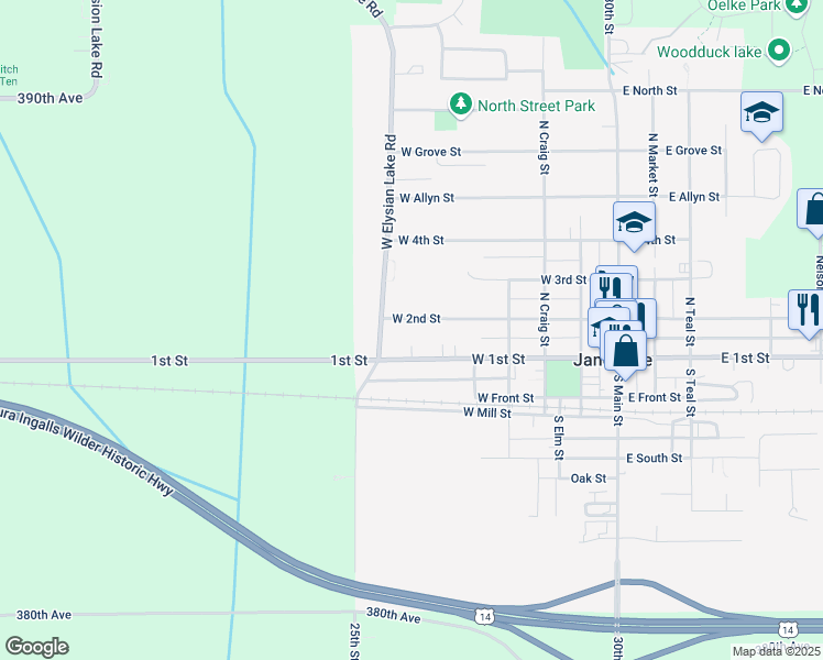map of restaurants, bars, coffee shops, grocery stores, and more near 606 West 1st Street in Janesville