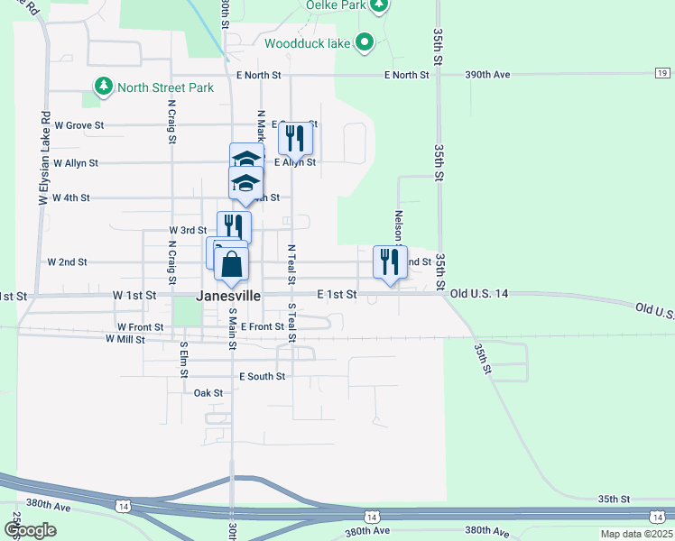 map of restaurants, bars, coffee shops, grocery stores, and more near 406 East 1st Street in Janesville