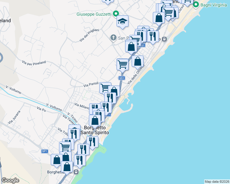 map of restaurants, bars, coffee shops, grocery stores, and more near Lungomare Marconi in Borghetto Santo Spirito