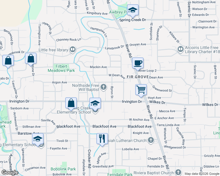 map of restaurants, bars, coffee shops, grocery stores, and more near 3633 Lodenquai Lane in Eugene