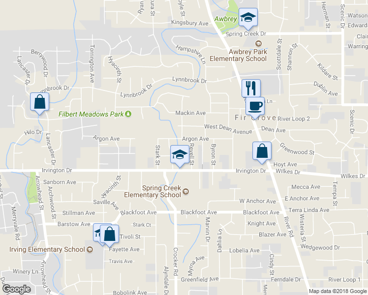 map of restaurants, bars, coffee shops, grocery stores, and more near 3670 Revell Street in Eugene