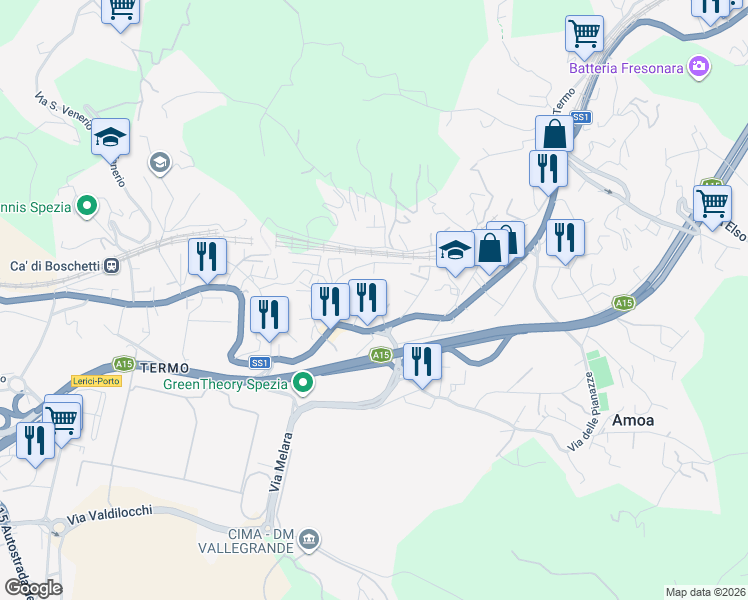 map of restaurants, bars, coffee shops, grocery stores, and more near Via delle Pianazze in La Spezia